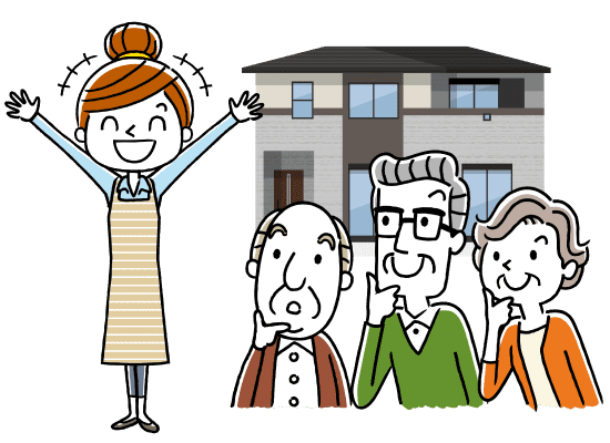 明るい表情の介護職員と三人の高齢者