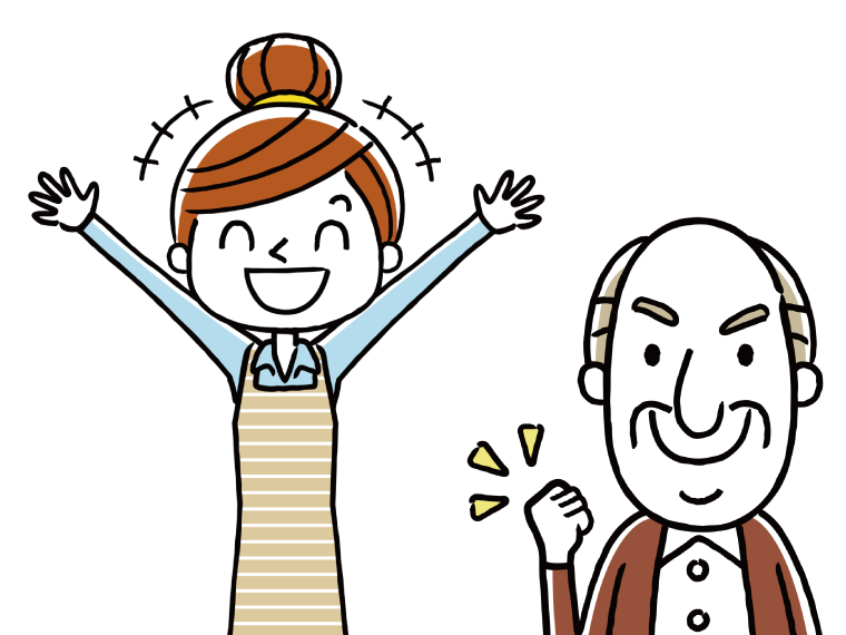 手を挙げて笑顔の若い女性と、ガッツポーズを作る高齢男性