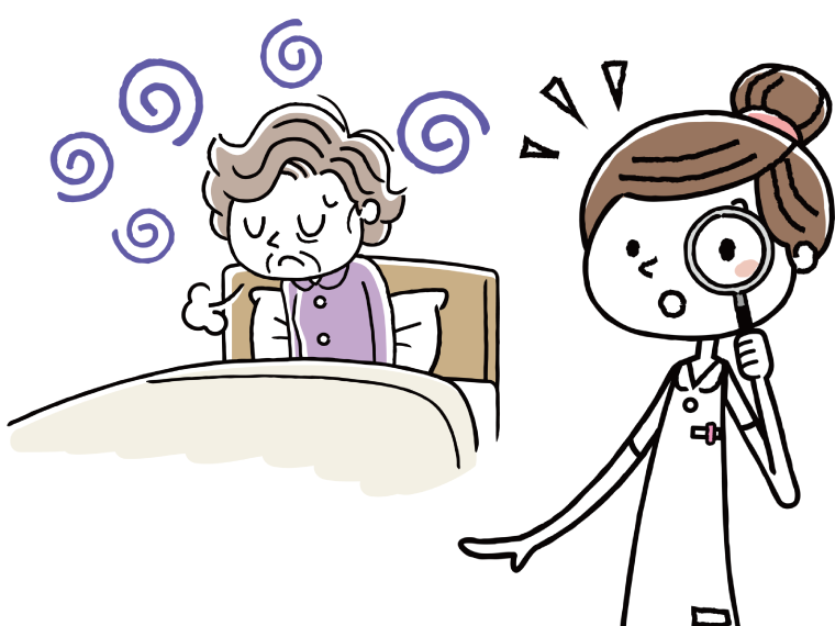 ベッドの中でため息をつく高齢女性と、虫眼鏡を持つ白衣を着た若い女性