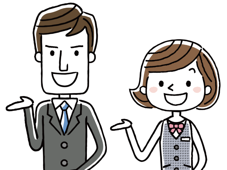 片手を差し出して話をするスーツ姿の若い男女