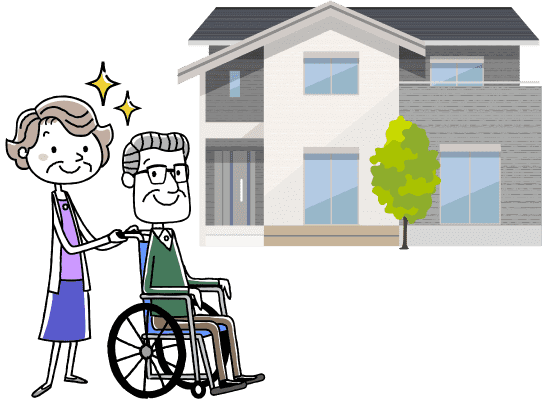 サービス付き高齢者向け住宅の前で車いすを引いている介護士