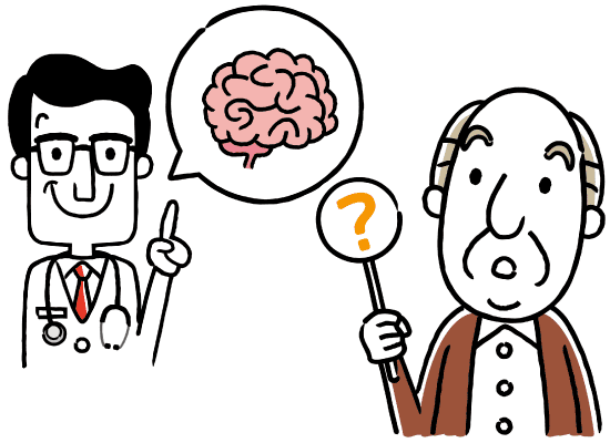 認知症の老人と脳の形態を調べることを提案する眼鏡をかけた男性医師