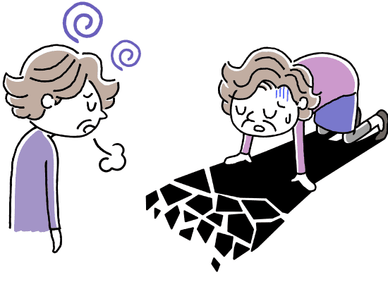 うつ病で肩を落としたり床にうなだれる高齢女性