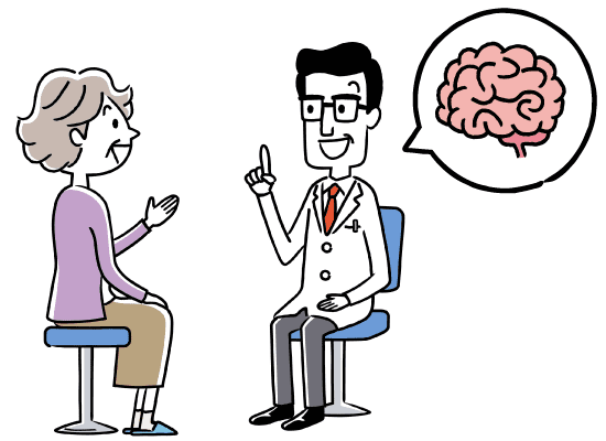 脳の話をする若い男性医師と話を聞く高齢の女性