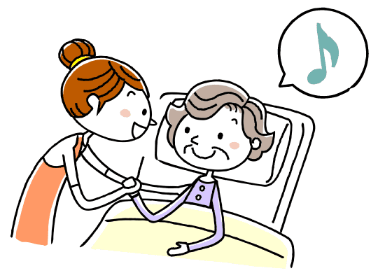 布団に横になる高齢女性の手を握る若い女性