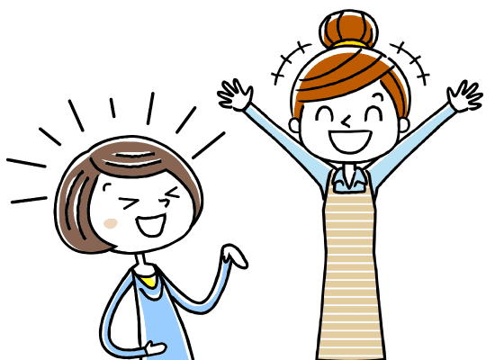 両手をあげて笑う若い女性と大げさな身振りで身体を動かして笑う若い女性