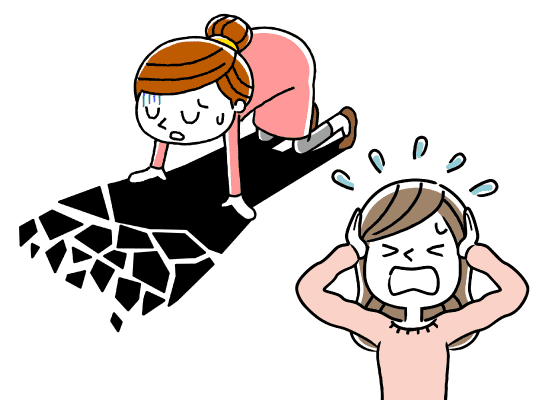 頭を抱えて苦しむ若い女性と膝をついて落ち込む若い女性