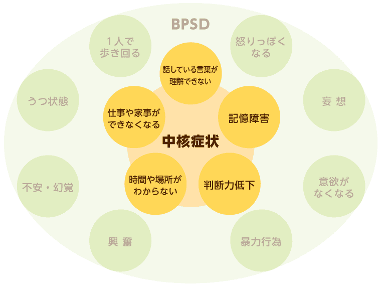 「中核症状」と「周辺症状」の二つが起こす症状について示す図