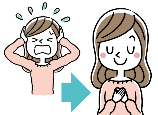 頭を抱えて苦しむ女性と矢印と胸に手を当てて穏やかな表情を浮かべる女性