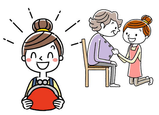 財布を持って笑顔の若い女性と、若い女性に衣服を着せてもらう高齢の女性
