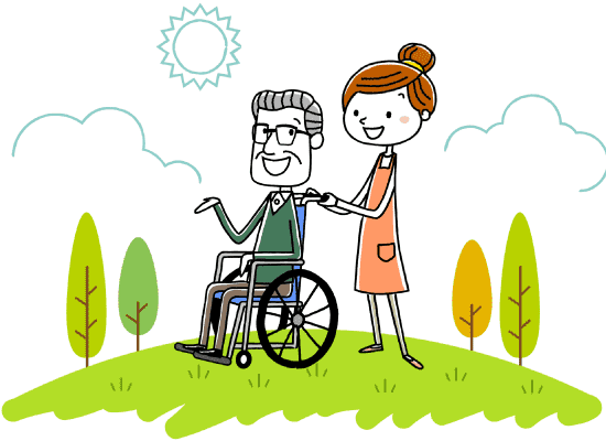 天気の良い晴れた日に散歩をする車椅子の男性と介護士の女性