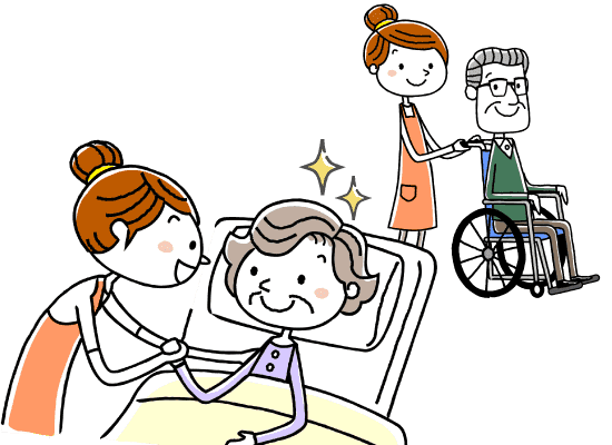 介護度の重い入居者を世話する介護士のイメージイラスト