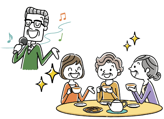 老人ホームでカラオケをするおじいさんと、茶飲み話を咲かせるおばあさんたち