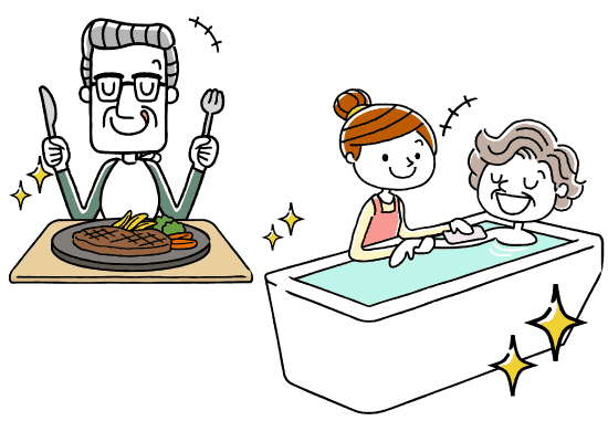 老人ホームで、食事や入浴をしたり、排泄介助をしてもらう入居者たち