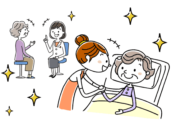 看護師との話に花を咲かせるおばあさんと、介護職員に手を握られてベッドで休むおばあさん