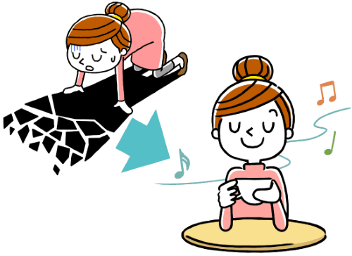 膝をついて落ち込む女性が穏やかに休憩するようになる様子