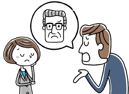 高齢男性の話をする若い男性と同情的に話を聞くスーツ姿の若い女性