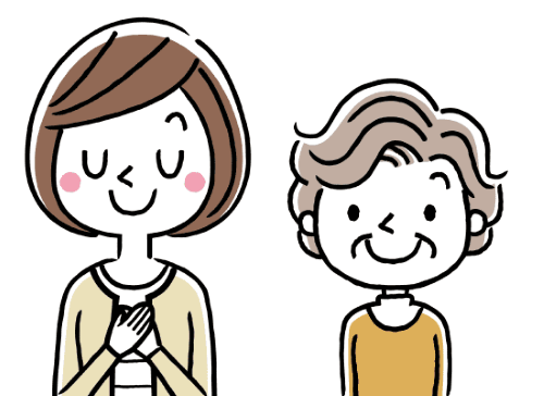 高齢女性と胸に手を当てて落ち着いた様子の若い女性