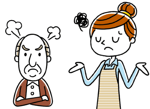 怒っている高齢男性と対応に疲れている若い女性