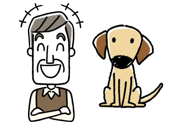 犬を前にして笑顔の高齢男性