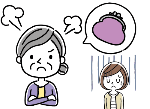 財布がなくなったと腹を立てる高齢の女性と落ち込む若い女性
