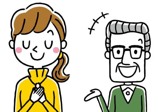 笑顔で話をする高齢男性と胸に手を当てて話を受けとめる若い女性