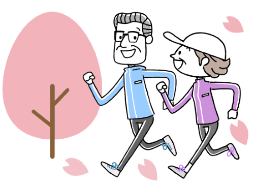桜の花びらが散るなかで、ジャージ姿でランニングする老夫婦