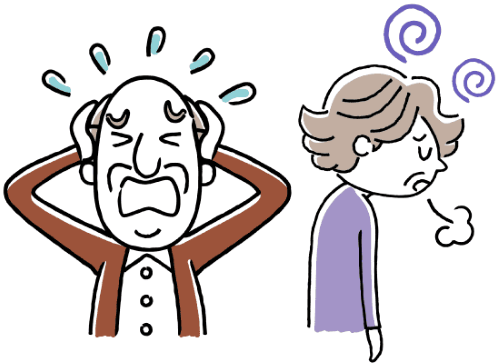頭を抱えて苦しむ高齢男性と、うなだれてため息をつく高齢女性