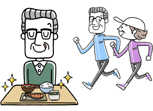 和食を前にして舌なめずりをする高齢の男性とジャージ姿で寄り添ってランニングする老夫婦
