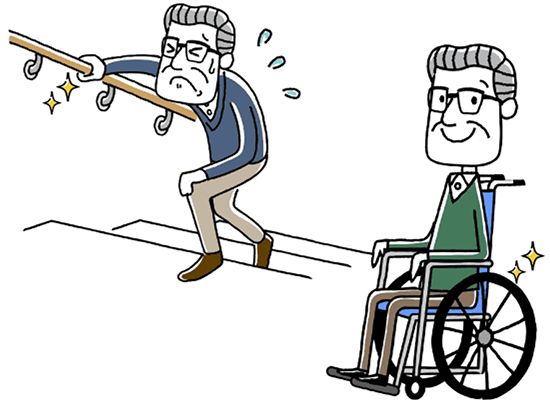 手すりを持って階段を上ったり、車いすに乗ったりしている高齢男性
