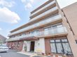 ベージュの壁に濃いピンクベージュをアクセントにした地上5階建の鉄筋コンクリート造りの建物。大きな窓を取った部屋や半透明のベランダ柵がある。