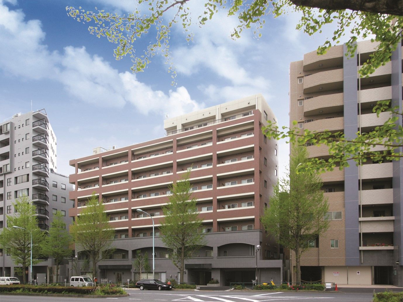環境整備が整った通り沿いに立地している8階建ての施設。周辺は大きな木々や花壇が植えられた明るい雰囲気。