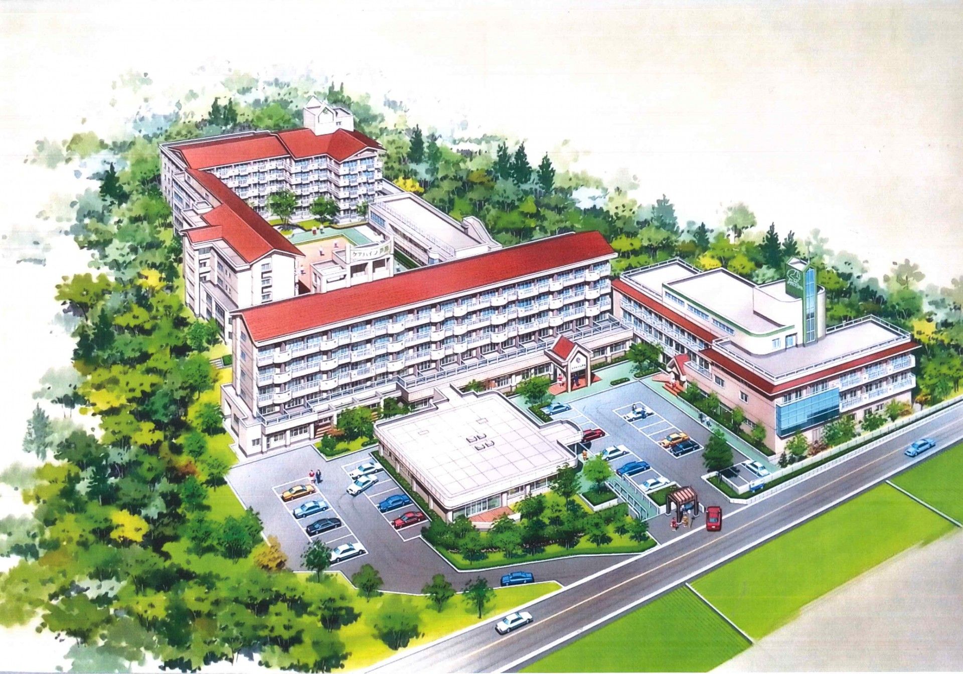 緑に囲まれた建物の外観