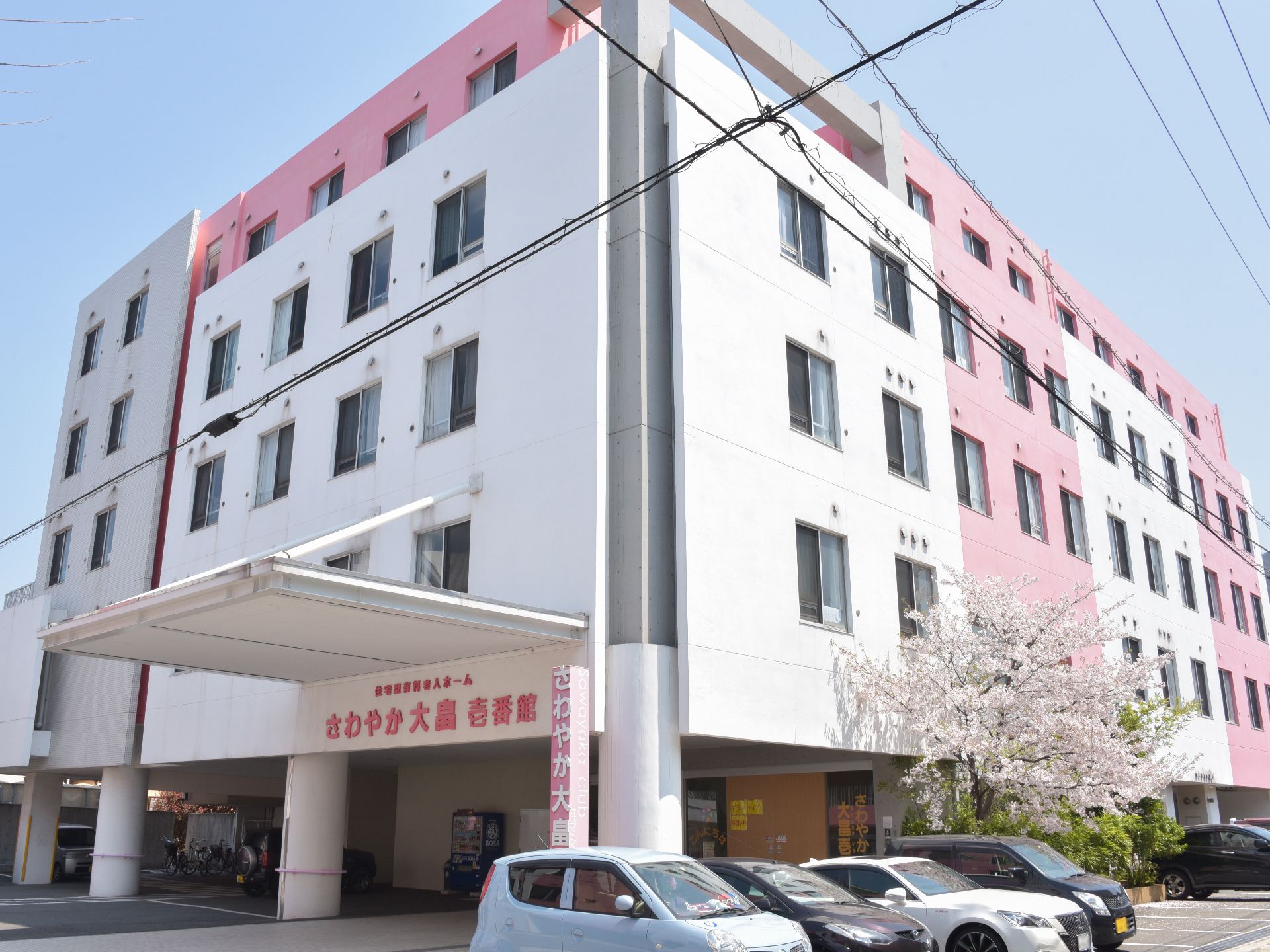 施設外観の様子。壁は白とピンク。施設名の文字がピンクで示されている。駐車場の奥には桜が植えられている。