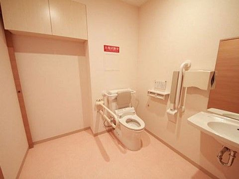 便器や洗面台の近くに手すりがつけられている、広々としたトイレ
