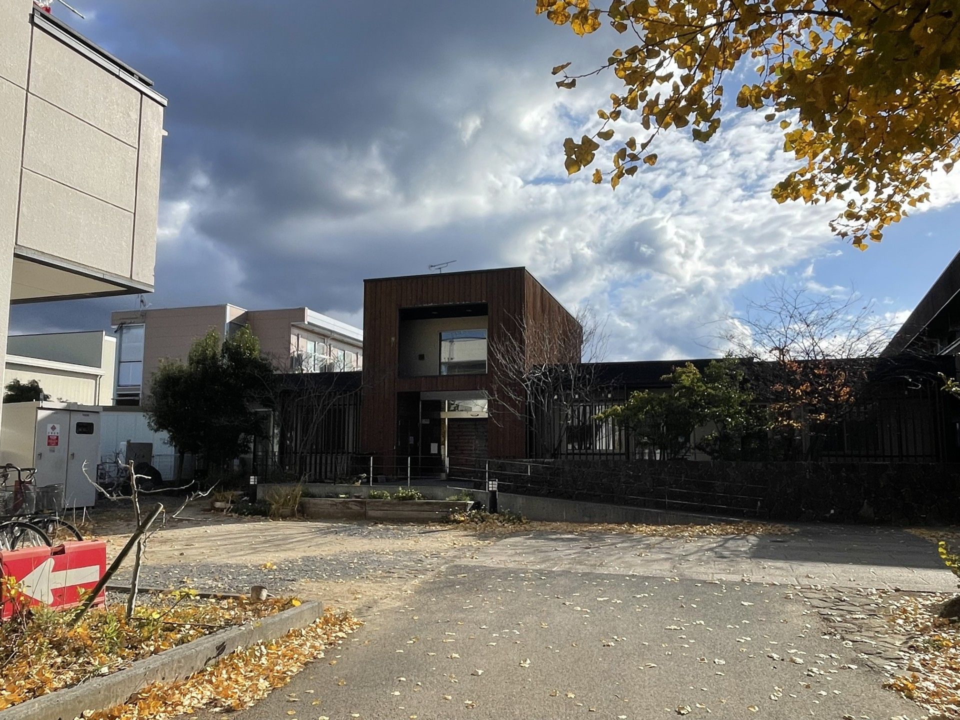 秋の落ち葉が舞う建物前
