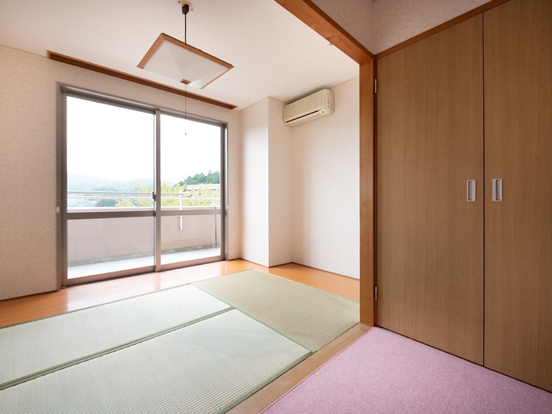 居室には、畳の部屋とカーペットの部屋がある。開き戸タイプの収納スペースがある。ベランダに出ることができる。