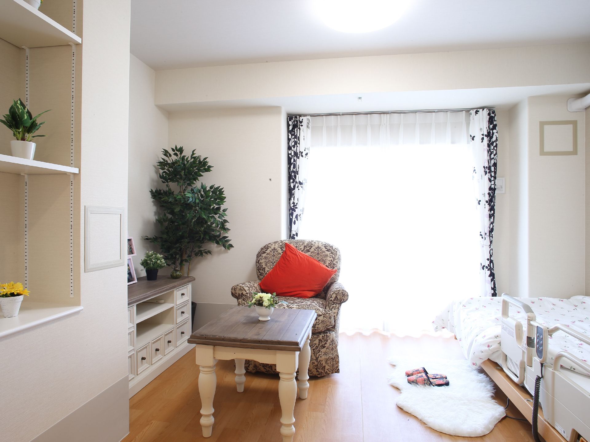 部屋は日当たりが良く、白を基調としたインテリアのため、明るい雰囲気になっている。観葉植物の緑もきれいである。