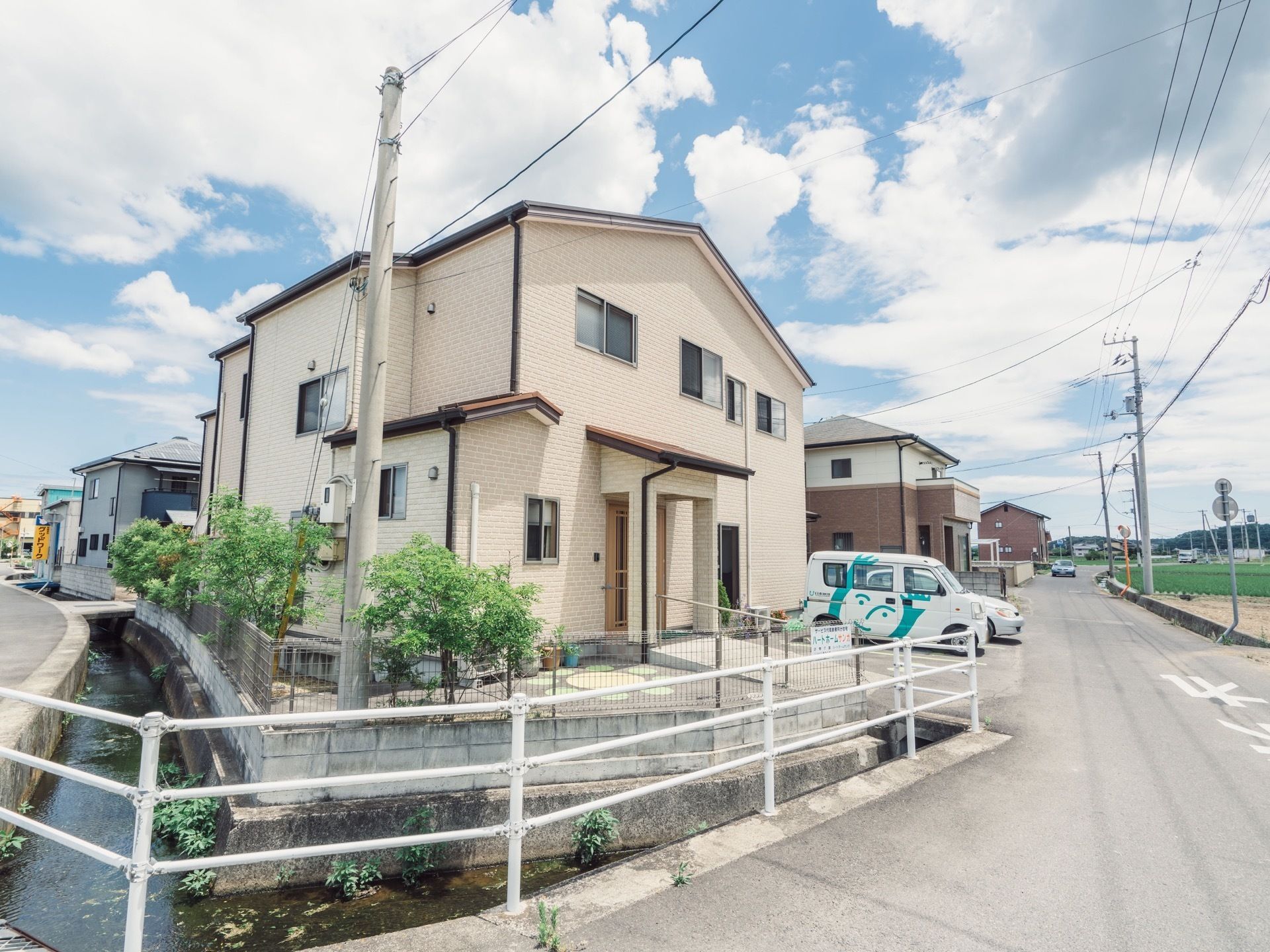 アットホームな２階建ての建物である。周辺は閑静な住宅地であり、田畑が広がっている。隣接している道路は交通量が少ない。