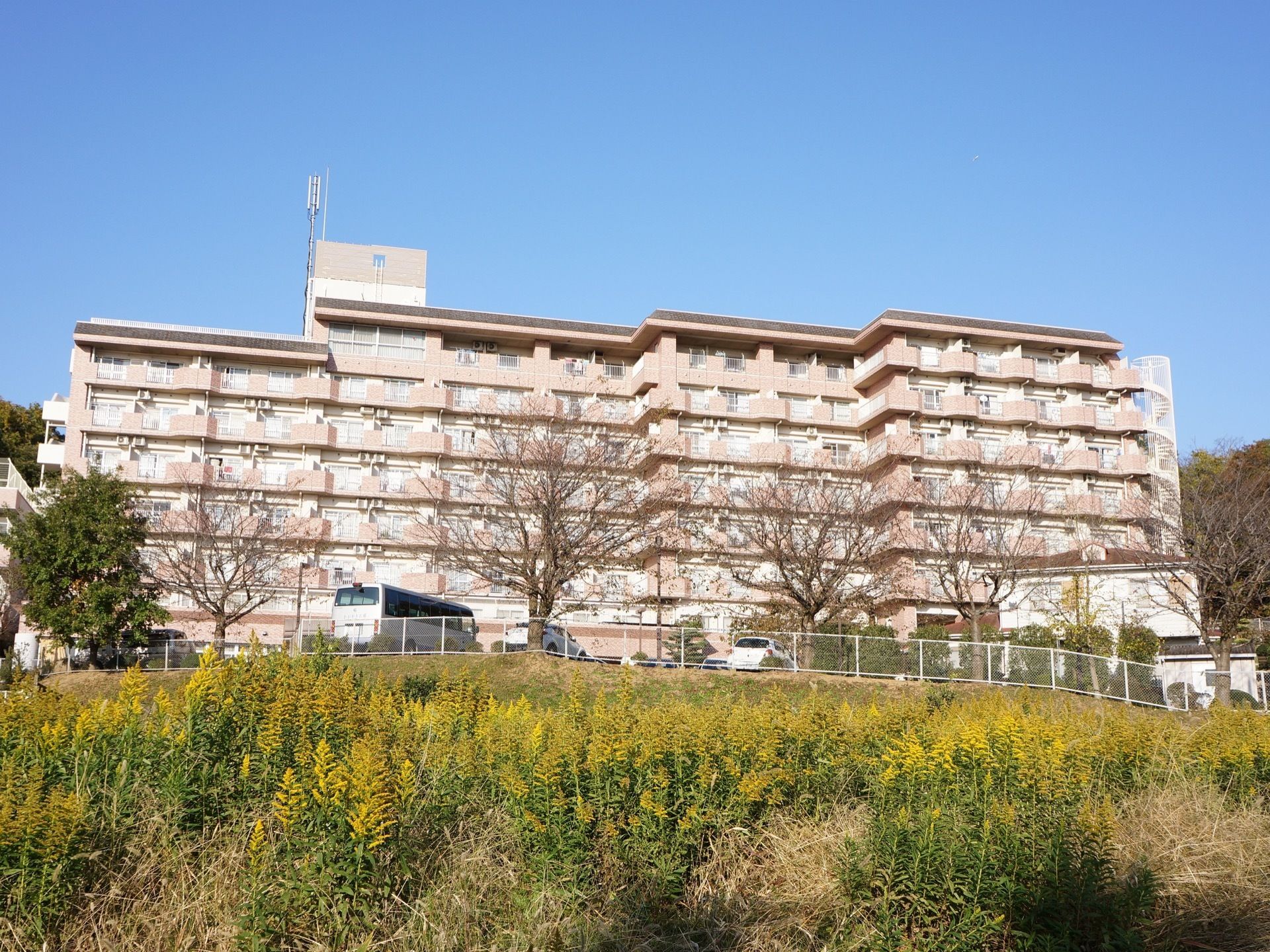 施設はうすい茶色の壁で８階建てである。まわりはフェンスで囲まれている。施設内にも外にもたくさんの植物や木々がある。