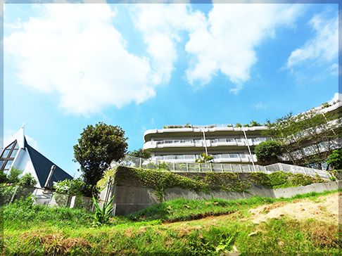 手前には草が生えた場所があり、その奥の高台には大きな白い建物が建っていて、左側には教会がある。