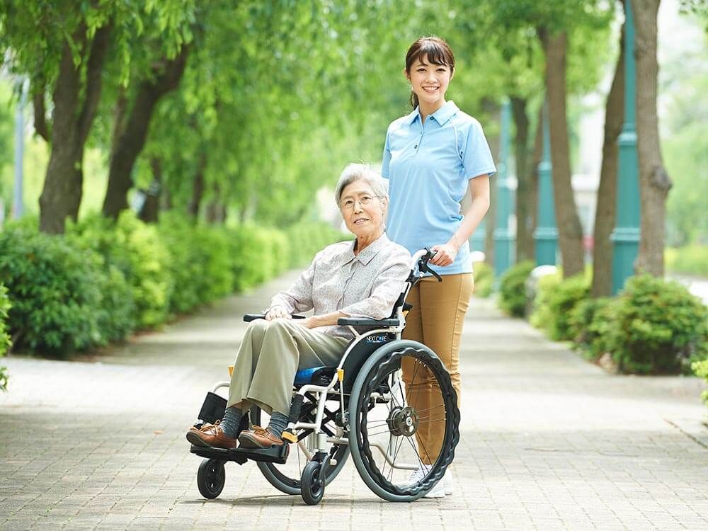 街路樹の下を散歩する車椅子に乗った高齢女性と付き添いの女性ヘルパー