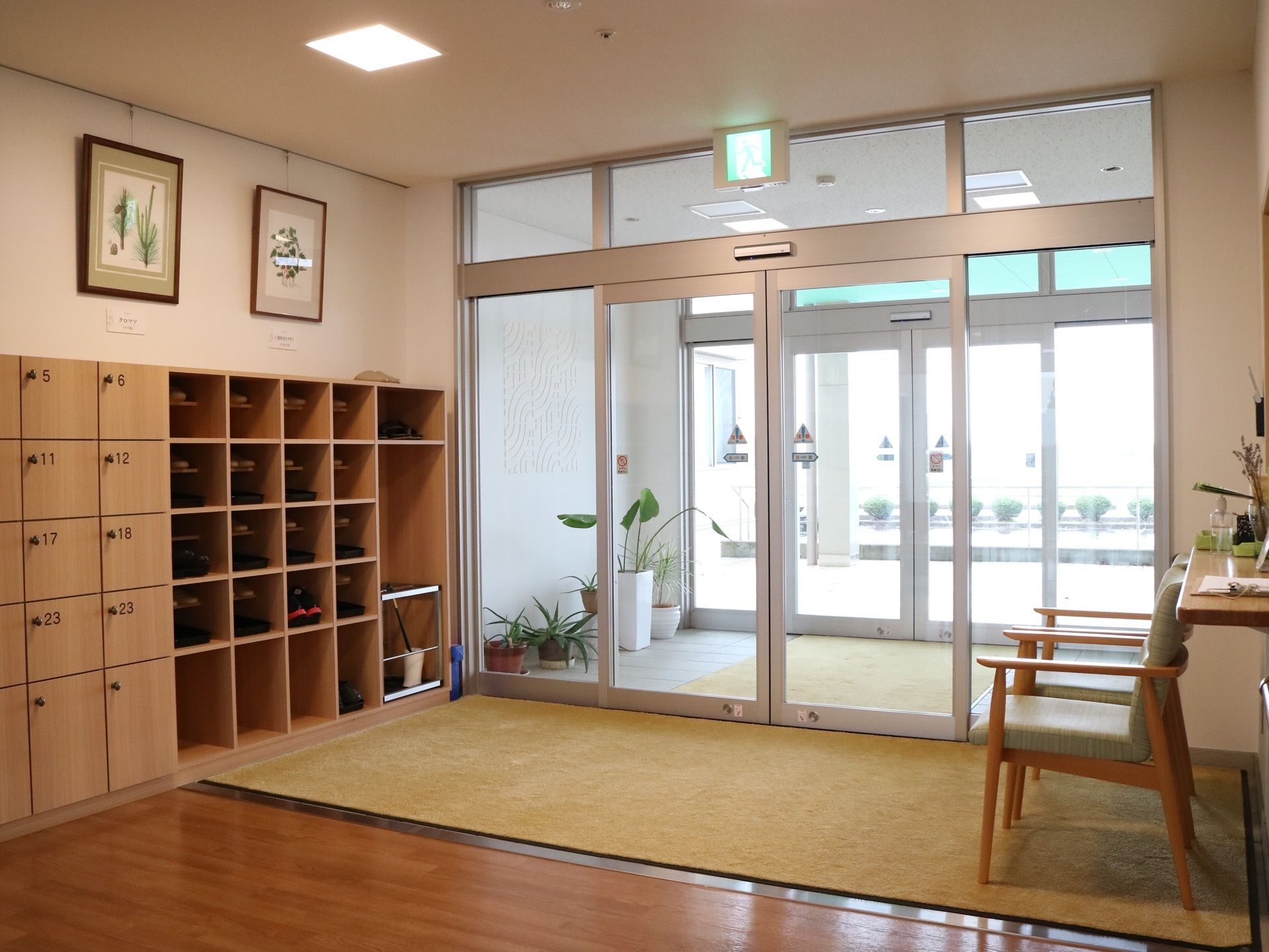玄関には受付があり、椅子が置かれている。靴箱には番号が振られた蓋がついている。風除室には観葉植物がいくつもある。