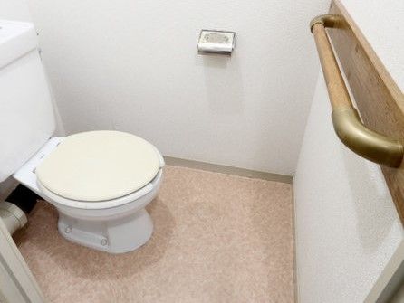 シンプルなトイレ。便器の正面には手すりが付き、しっかりと握ることができる。