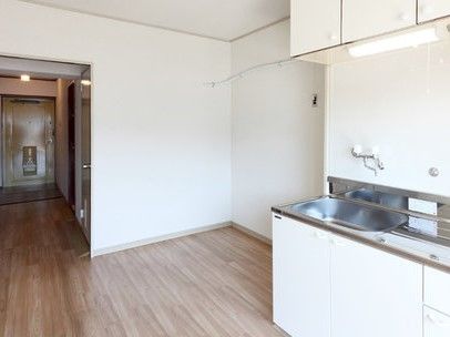 フローリングの居室には大き目のキッチンが付き、段差はない。玄関を入って左側にドアがある。