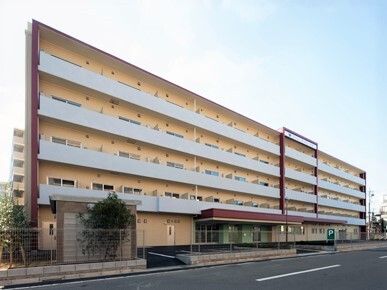 5階建ての建物は横に長く、2階以上の階にはベランダが付き、玄関には車寄せがあり、駐車スペースも確保されている。