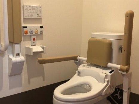 手すりや背もたれが付いたトイレにはふたがなく、壁には操作パネルも付いている。