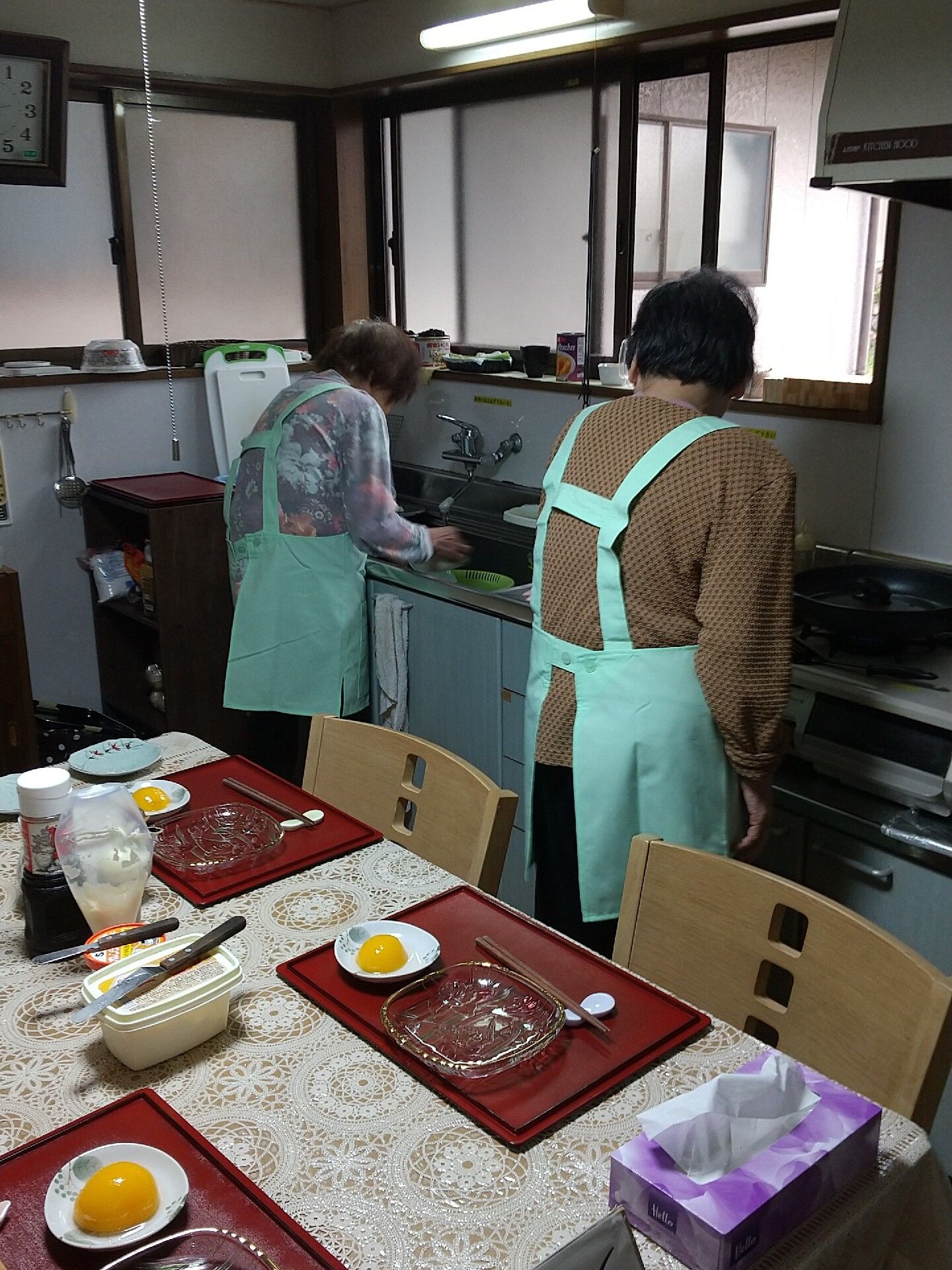 ブラウンのジャケットを着た高齢女性のそばにはエプロンを付けた若い女性スタッフがいて二人で散歩をしている。