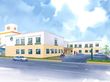 広い駐車場が付いた２階建ての建物は日当たり良好でベージュと白の外壁。道路に面している。