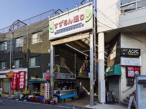 「グレースメイト目白」の周辺環境。商店街は食べ物や衣類、雑貨が多く立ち並ぶ。